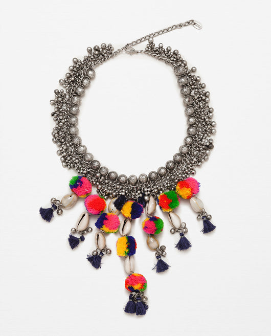 COLORFUL POMPOM AND BEAD NECKLACE