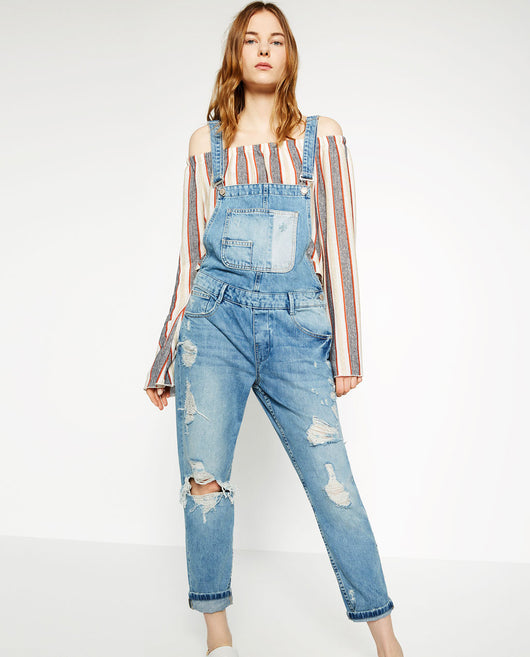 SLIM DENIM DUNGAREES WITH RIPS